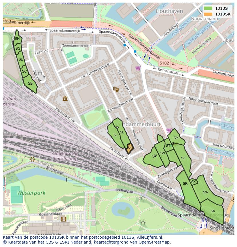 Afbeelding van het postcodegebied 1013 SK op de kaart.