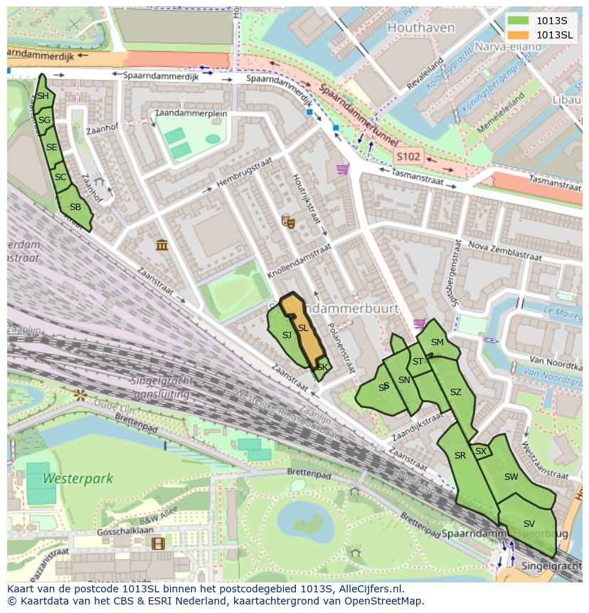 Afbeelding van het postcodegebied 1013 SL op de kaart.
