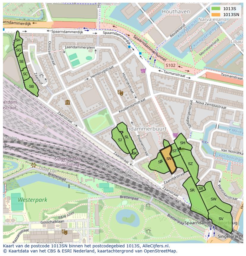 Afbeelding van het postcodegebied 1013 SN op de kaart.