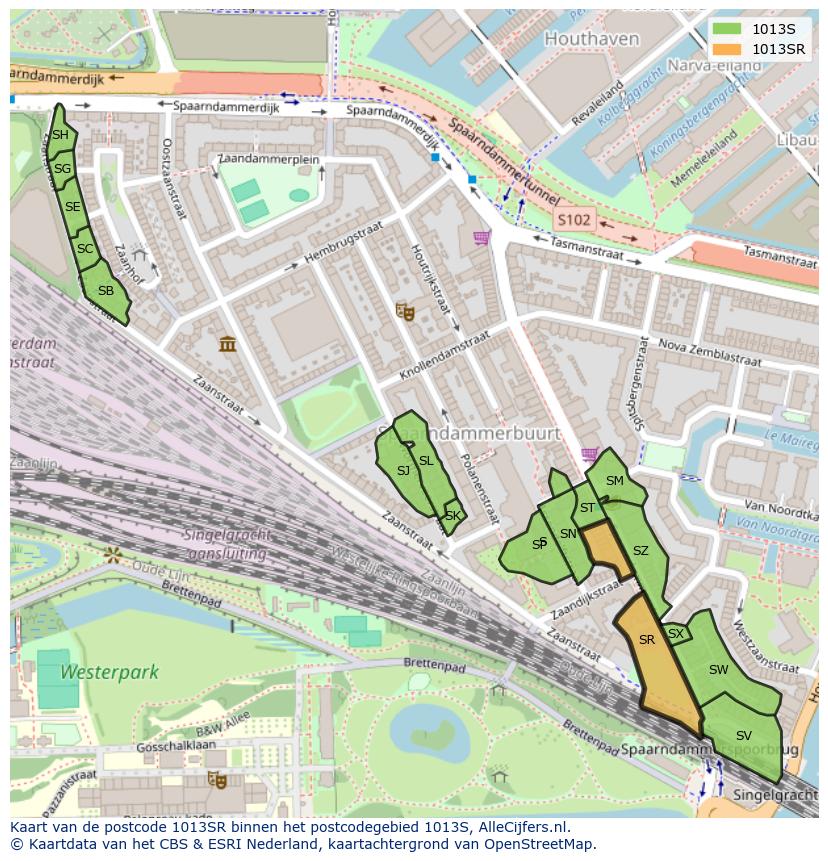 Afbeelding van het postcodegebied 1013 SR op de kaart.