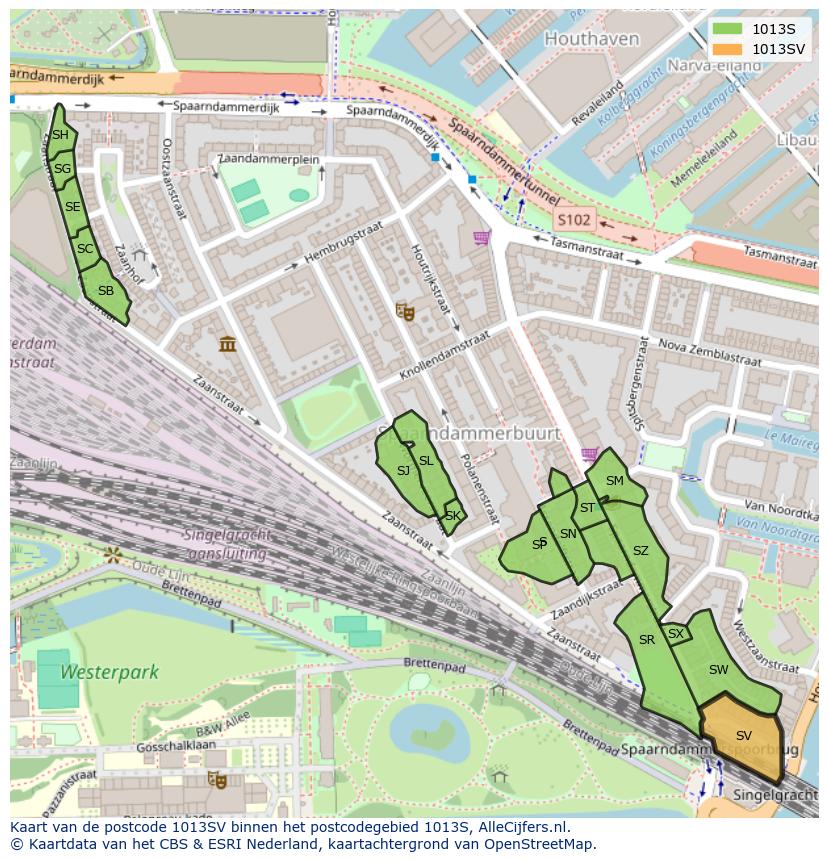 Afbeelding van het postcodegebied 1013 SV op de kaart.
