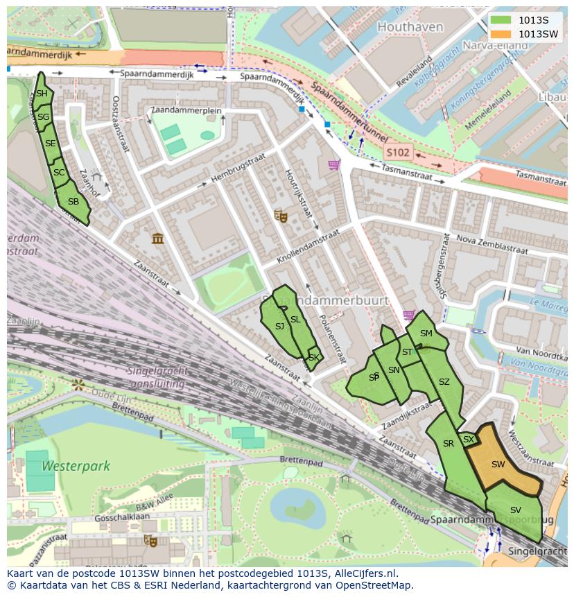 Afbeelding van het postcodegebied 1013 SW op de kaart.