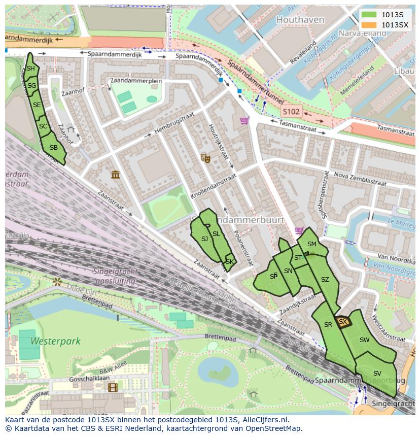 Afbeelding van het postcodegebied 1013 SX op de kaart.