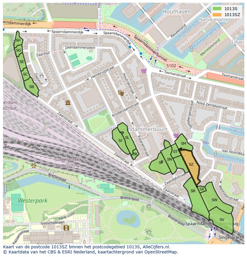 Afbeelding van het postcodegebied 1013 SZ op de kaart.