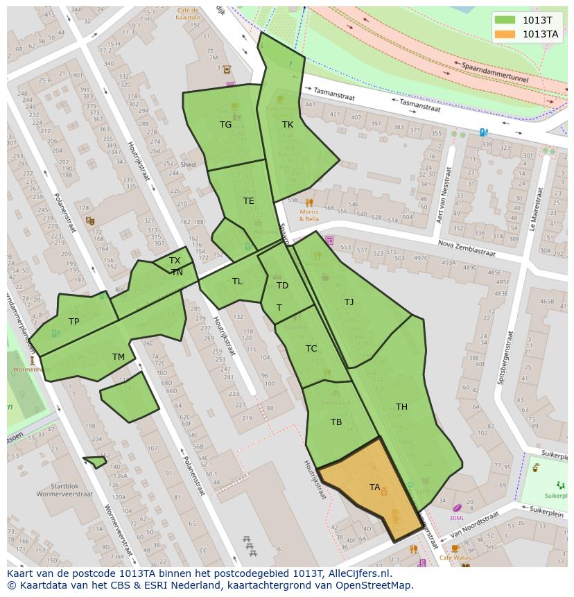 Afbeelding van het postcodegebied 1013 TA op de kaart.