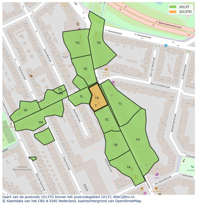 Afbeelding van het postcodegebied 1013 TD op de kaart.