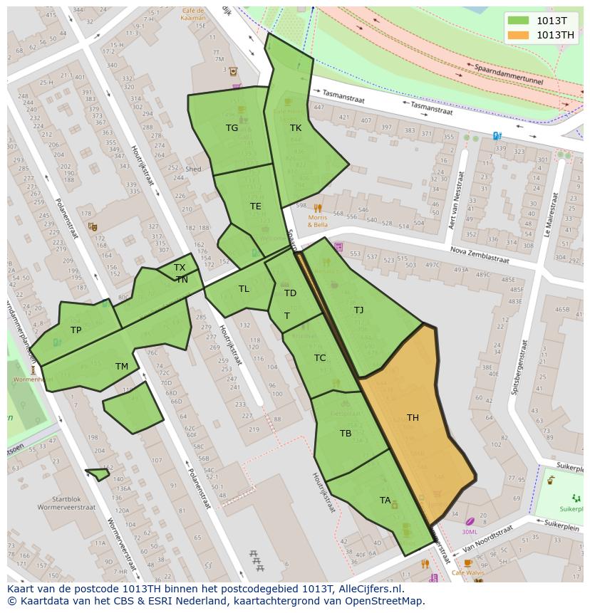 Afbeelding van het postcodegebied 1013 TH op de kaart.