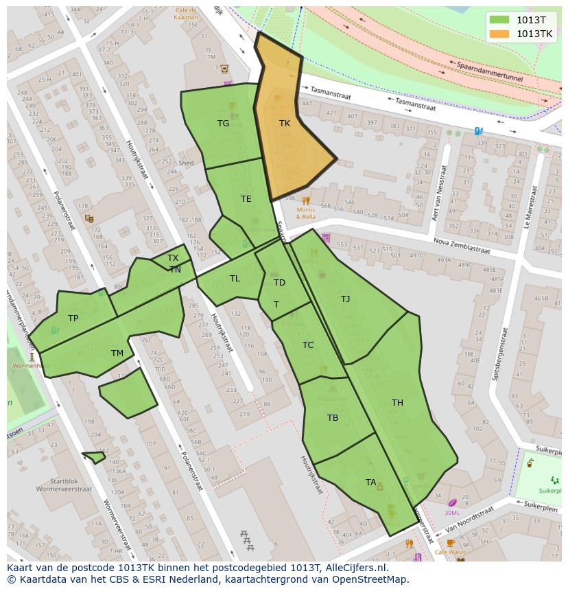 Afbeelding van het postcodegebied 1013 TK op de kaart.