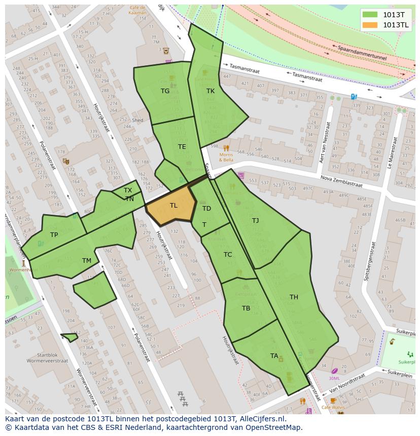 Afbeelding van het postcodegebied 1013 TL op de kaart.