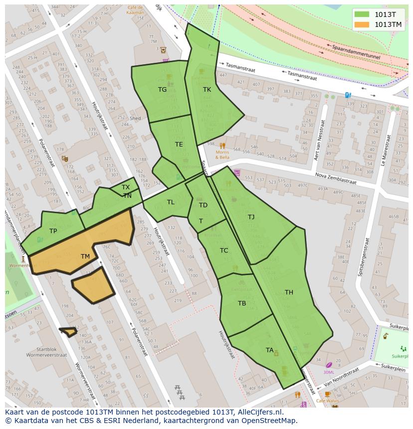 Afbeelding van het postcodegebied 1013 TM op de kaart.