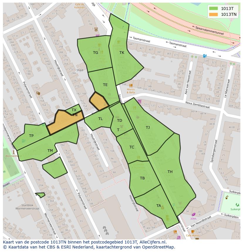 Afbeelding van het postcodegebied 1013 TN op de kaart.