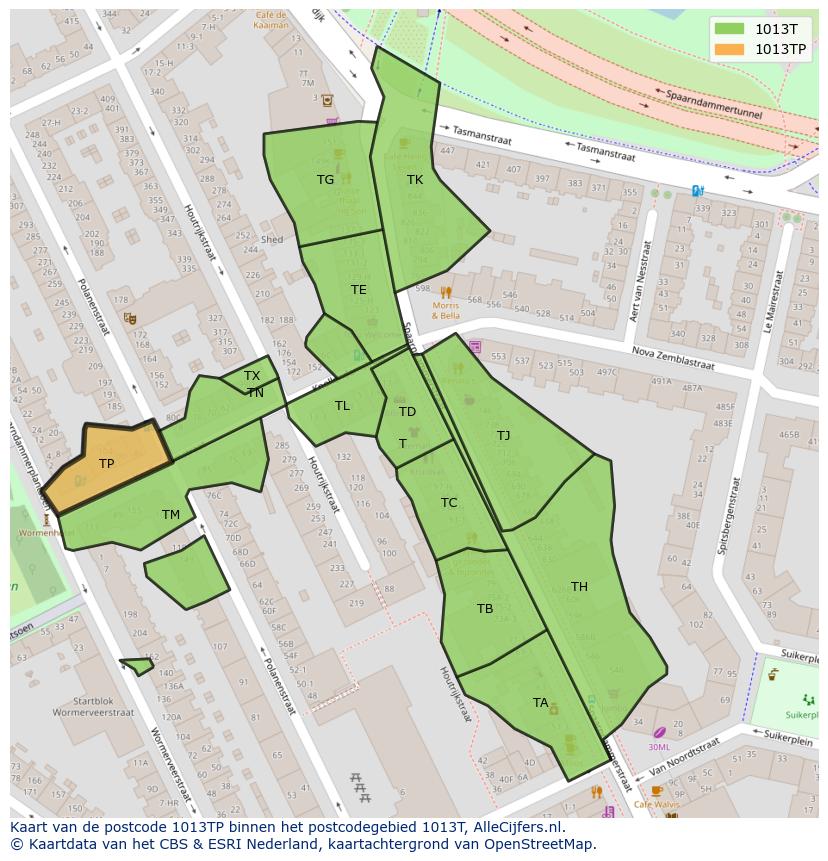 Afbeelding van het postcodegebied 1013 TP op de kaart.