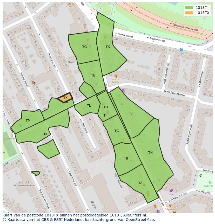 Afbeelding van het postcodegebied 1013 TX op de kaart.