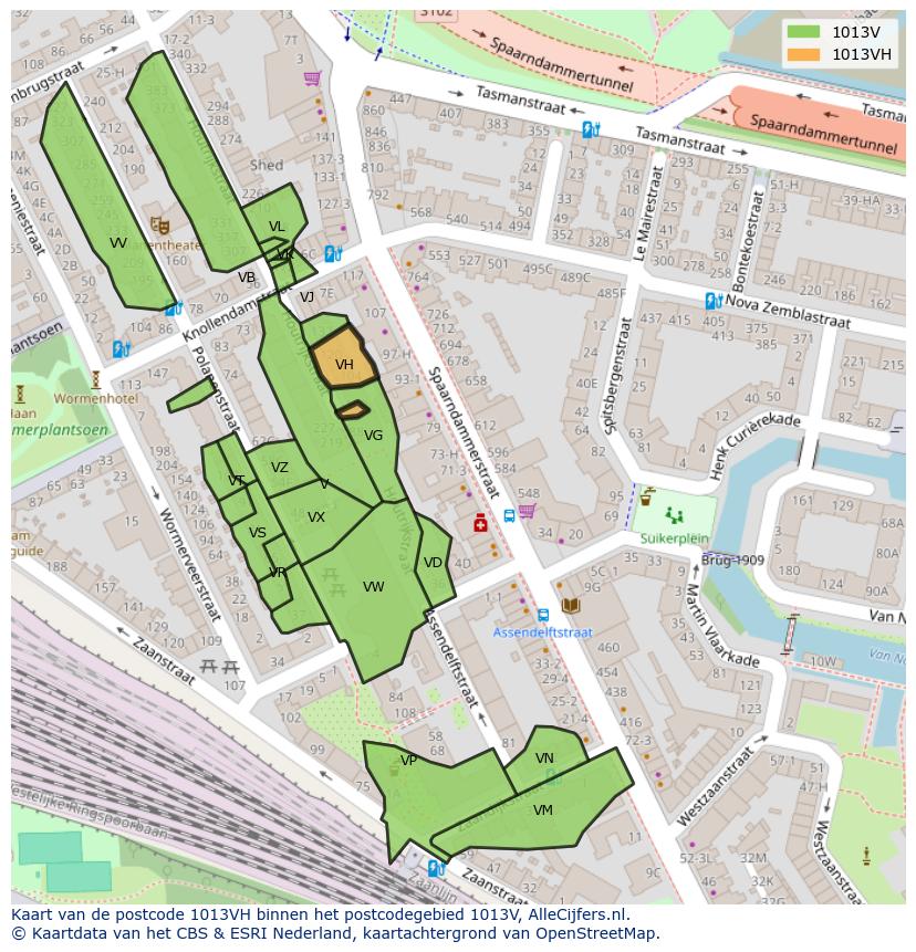 Afbeelding van het postcodegebied 1013 VH op de kaart.