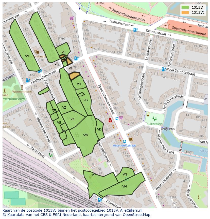 Afbeelding van het postcodegebied 1013 VJ op de kaart.