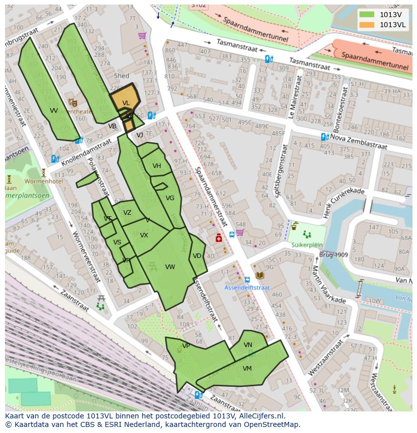 Afbeelding van het postcodegebied 1013 VL op de kaart.
