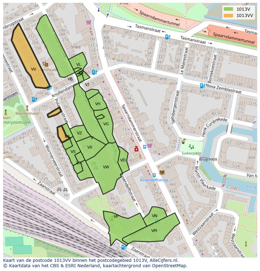 Afbeelding van het postcodegebied 1013 VV op de kaart.