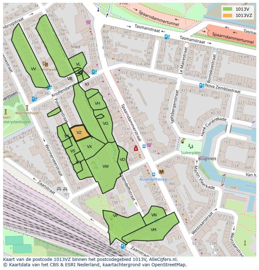 Afbeelding van het postcodegebied 1013 VZ op de kaart.
