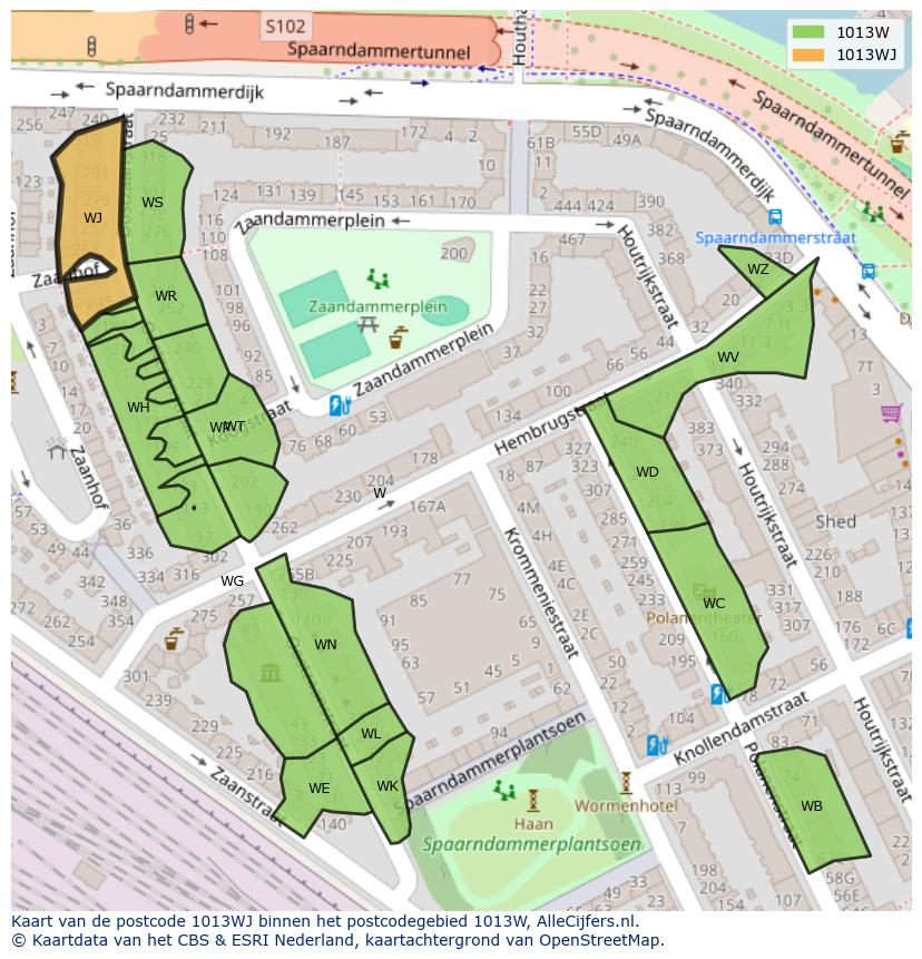 Afbeelding van het postcodegebied 1013 WJ op de kaart.
