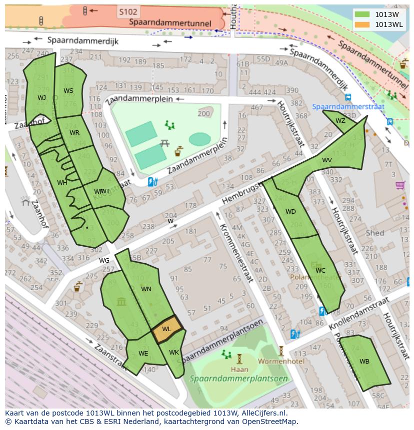 Afbeelding van het postcodegebied 1013 WL op de kaart.