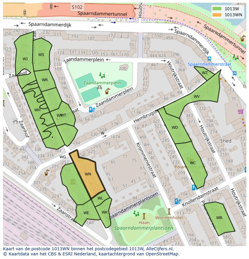 Afbeelding van het postcodegebied 1013 WN op de kaart.