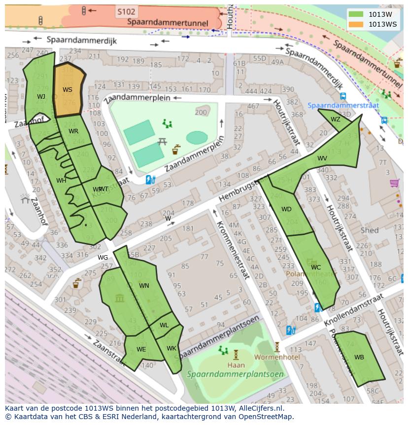 Afbeelding van het postcodegebied 1013 WS op de kaart.