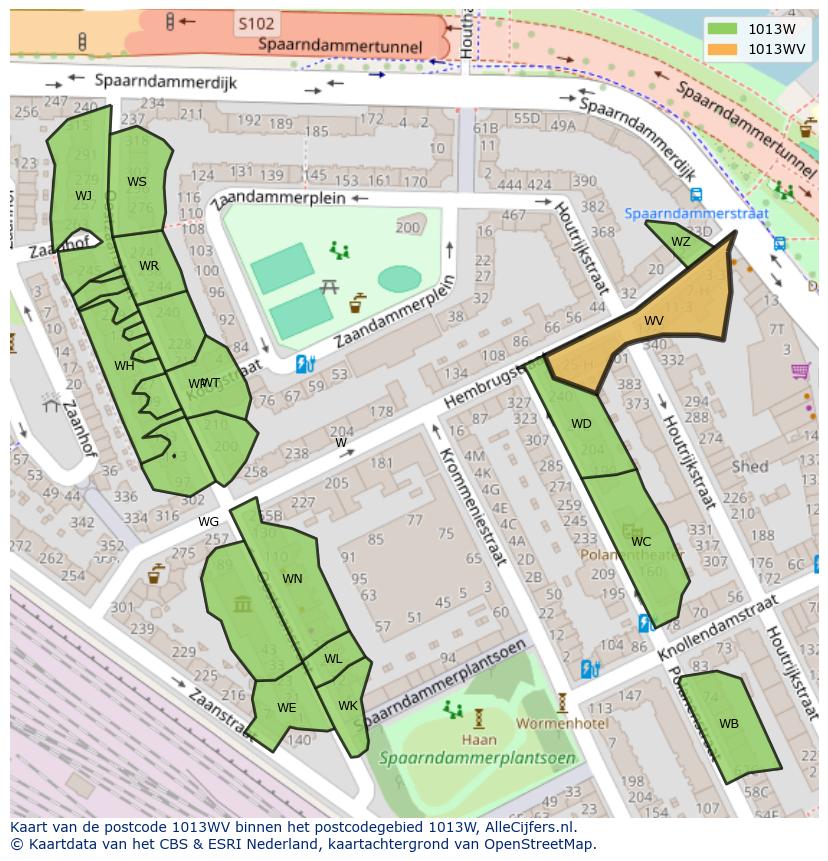 Afbeelding van het postcodegebied 1013 WV op de kaart.