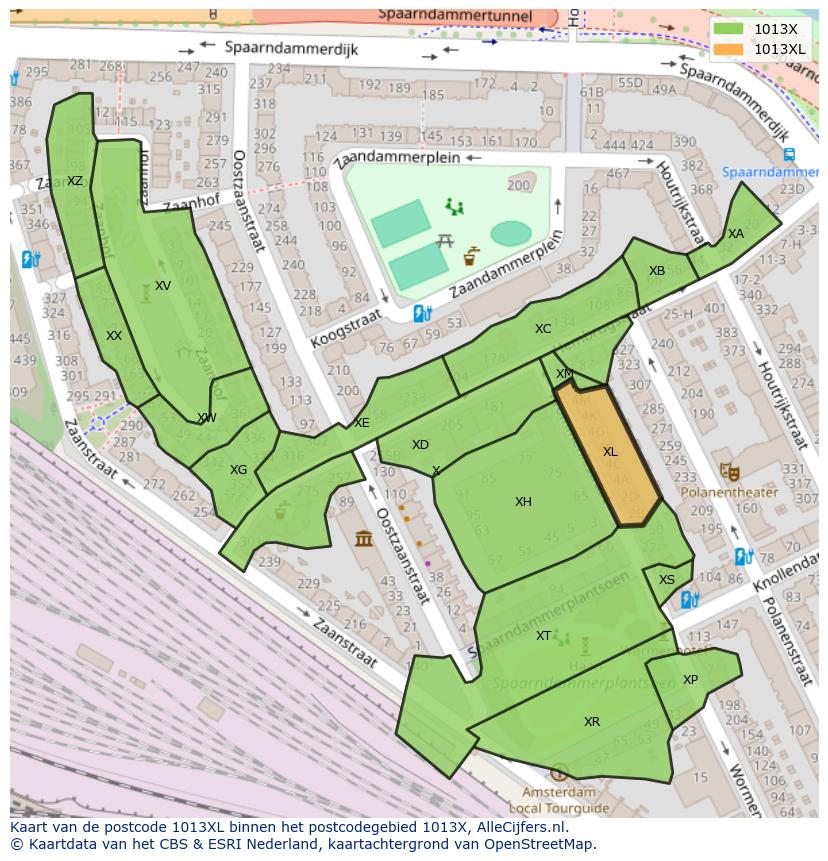 Afbeelding van het postcodegebied 1013 XL op de kaart.