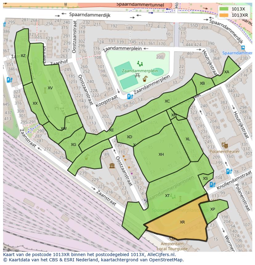 Afbeelding van het postcodegebied 1013 XR op de kaart.