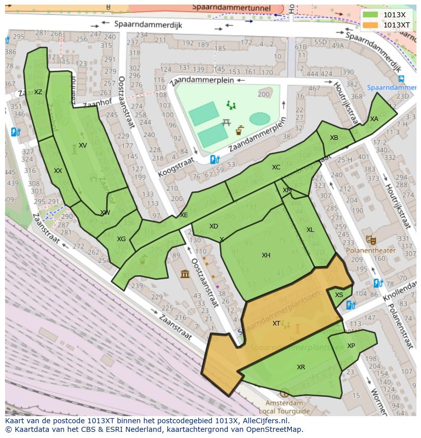 Afbeelding van het postcodegebied 1013 XT op de kaart.