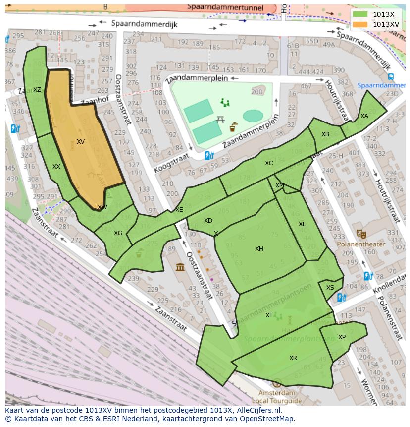 Afbeelding van het postcodegebied 1013 XV op de kaart.