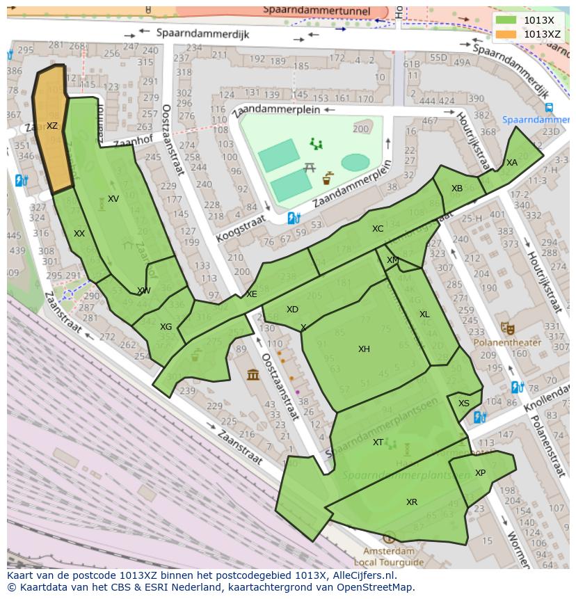 Afbeelding van het postcodegebied 1013 XZ op de kaart.
