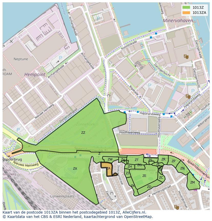 Afbeelding van het postcodegebied 1013 ZA op de kaart.