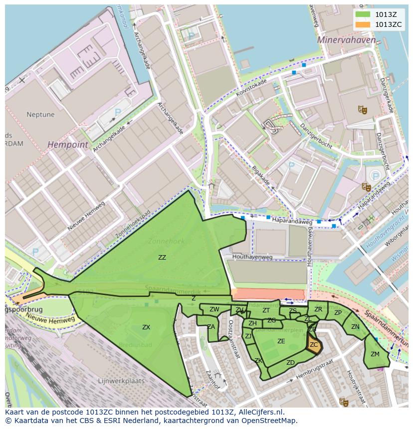 Afbeelding van het postcodegebied 1013 ZC op de kaart.