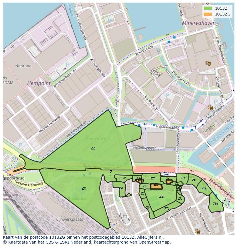 Afbeelding van het postcodegebied 1013 ZG op de kaart.
