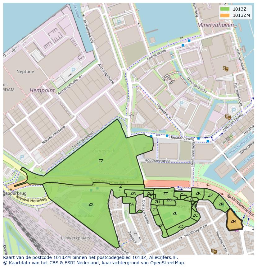 Afbeelding van het postcodegebied 1013 ZM op de kaart.