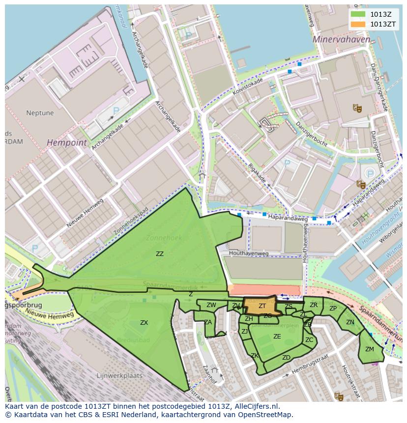 Afbeelding van het postcodegebied 1013 ZT op de kaart.