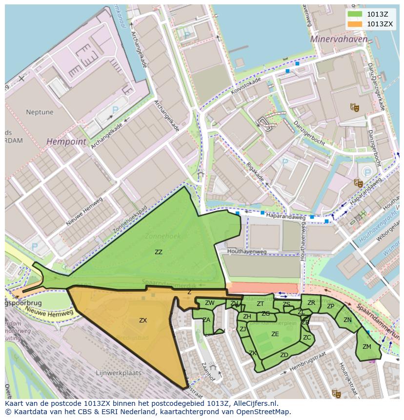 Afbeelding van het postcodegebied 1013 ZX op de kaart.
