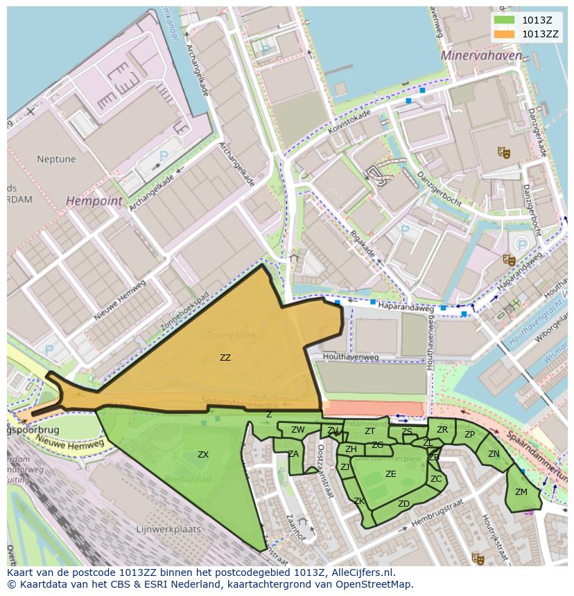 Afbeelding van het postcodegebied 1013 ZZ op de kaart.