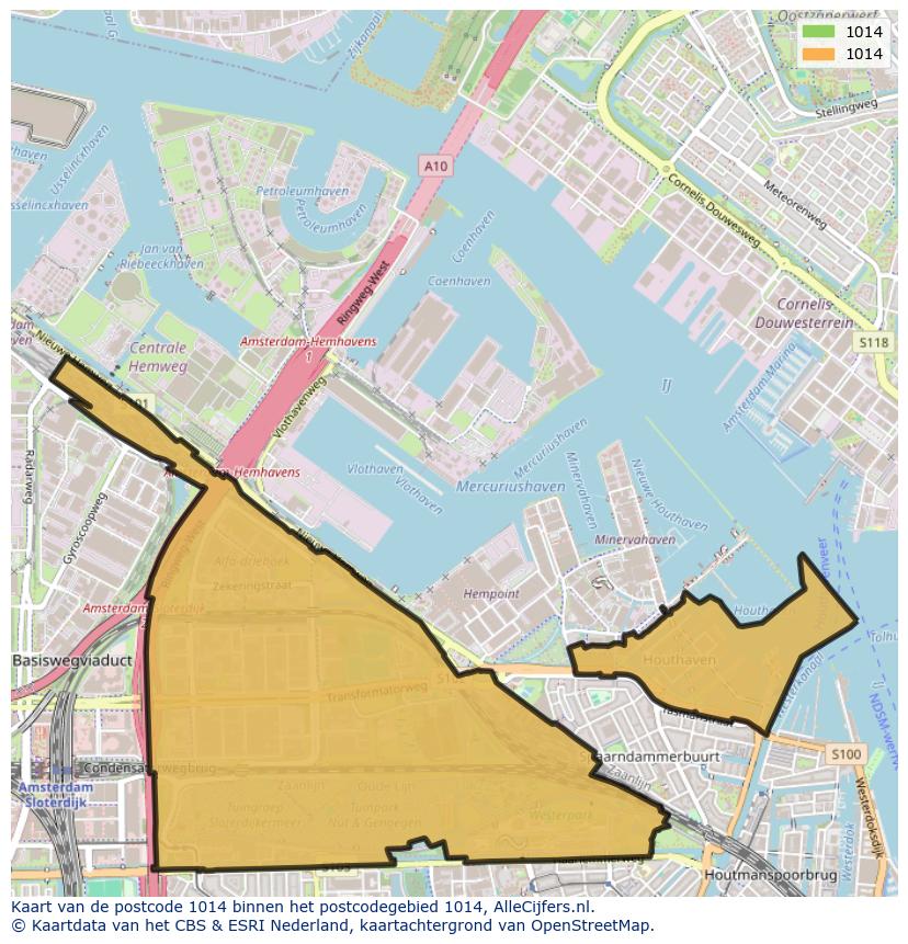 Afbeelding van het postcodegebied 1014 op de kaart.