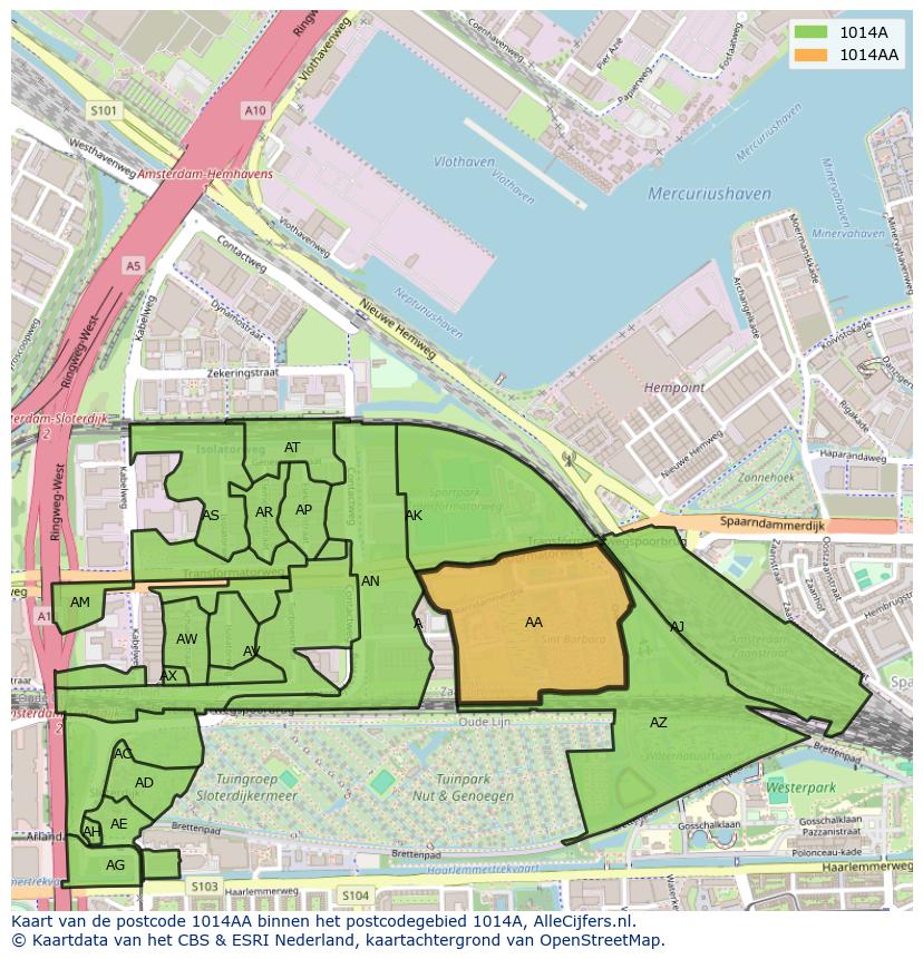 Afbeelding van het postcodegebied 1014 AA op de kaart.