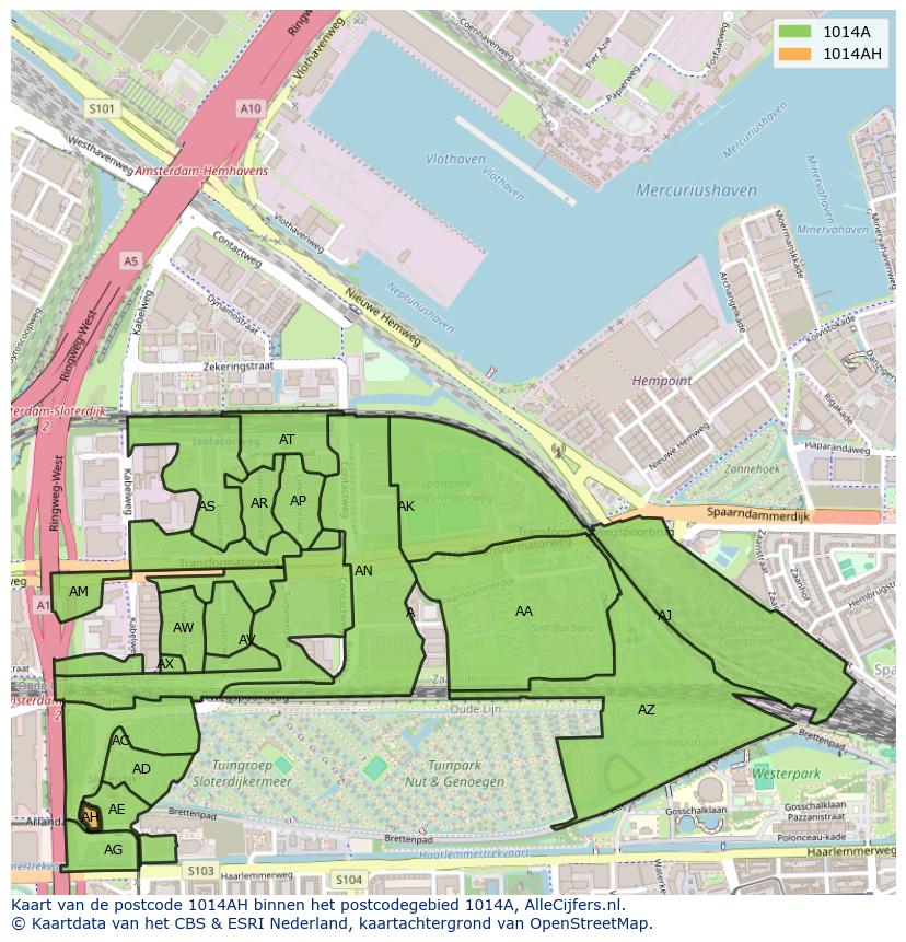 Afbeelding van het postcodegebied 1014 AH op de kaart.