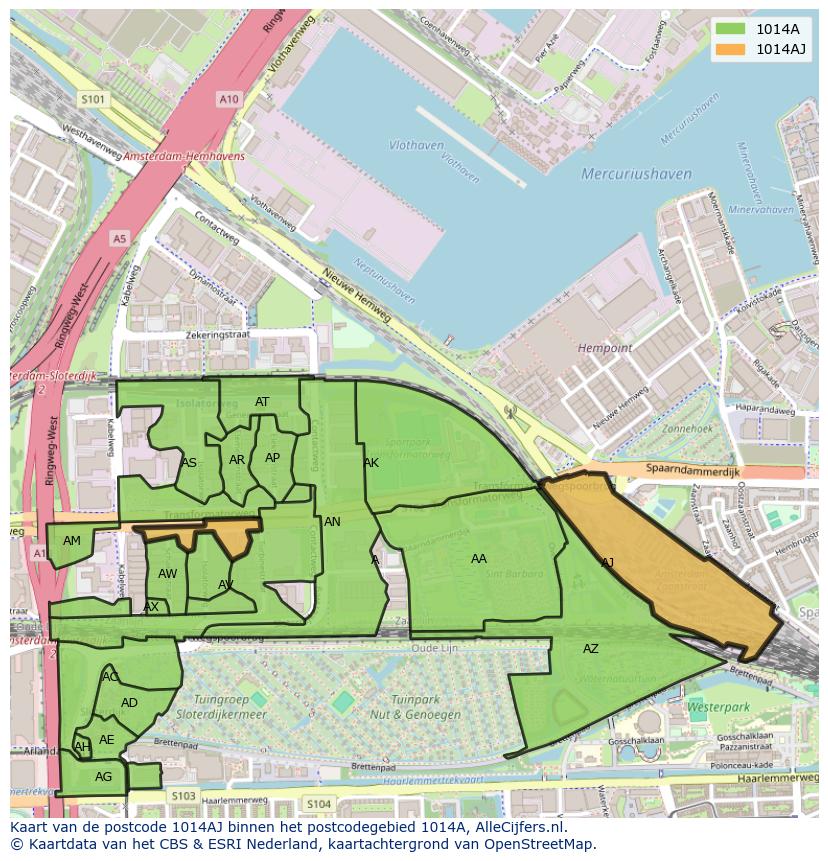 Afbeelding van het postcodegebied 1014 AJ op de kaart.