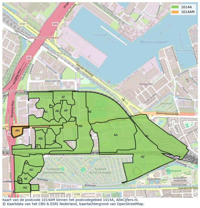 Afbeelding van het postcodegebied 1014 AM op de kaart.