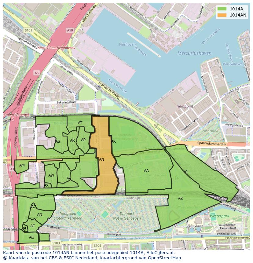 Afbeelding van het postcodegebied 1014 AN op de kaart.