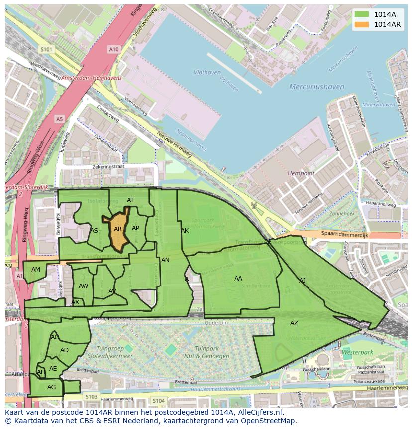 Afbeelding van het postcodegebied 1014 AR op de kaart.