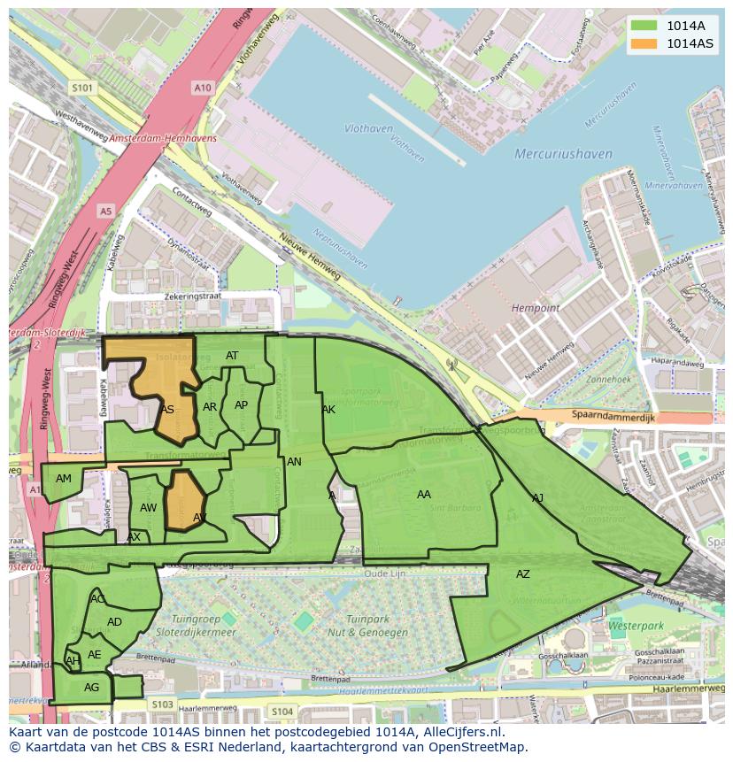 Afbeelding van het postcodegebied 1014 AS op de kaart.