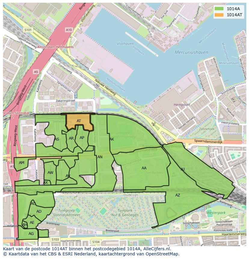 Afbeelding van het postcodegebied 1014 AT op de kaart.