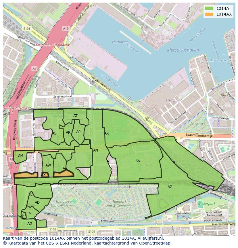 Afbeelding van het postcodegebied 1014 AX op de kaart.