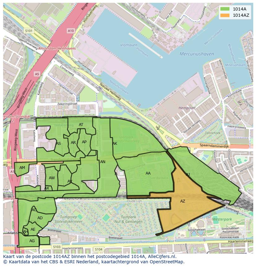 Afbeelding van het postcodegebied 1014 AZ op de kaart.
